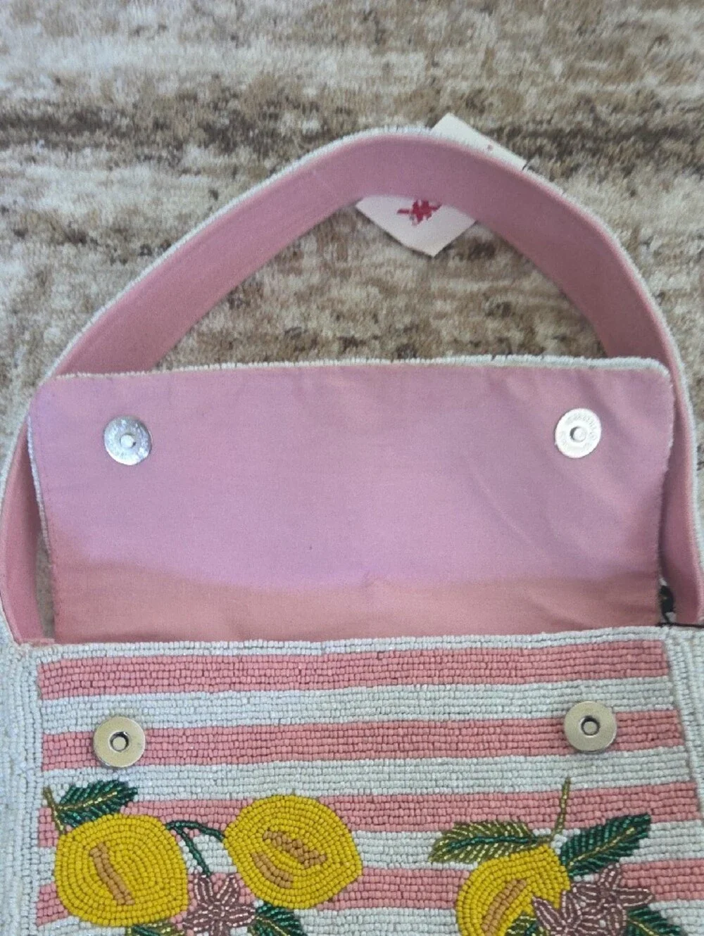 Lemon and Pink Striped Beaded Bag